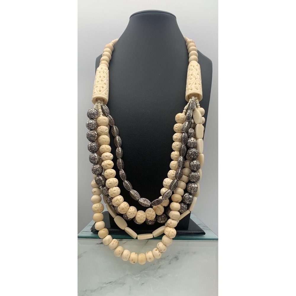 Chico's Necklace Cream & Silver Tone Multi Strand Beaded Statement Layered 24"